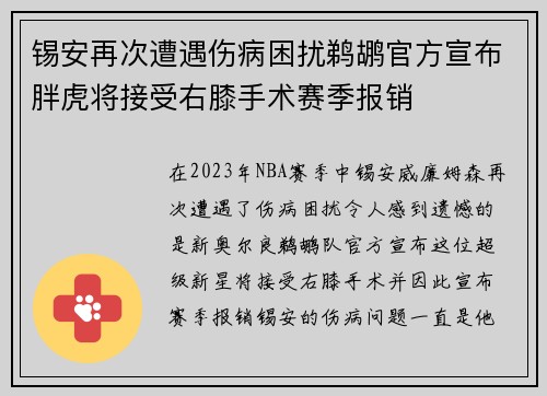 锡安再次遭遇伤病困扰鹈鹕官方宣布胖虎将接受右膝手术赛季报销